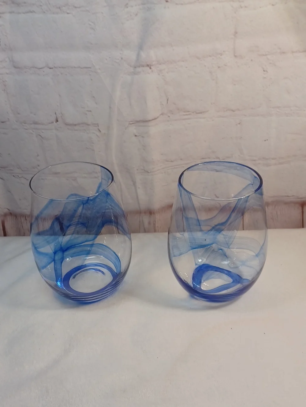 pier 1 imports hand blown blue swirl stemless glasses set of 2 art glass tumbler